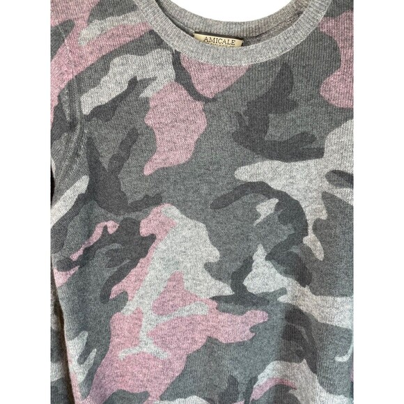Amicale 100% Cashmere Pink‎ Grey Camouflage Crewneck Sweater Size Small Women’s - Picture 3 of 9